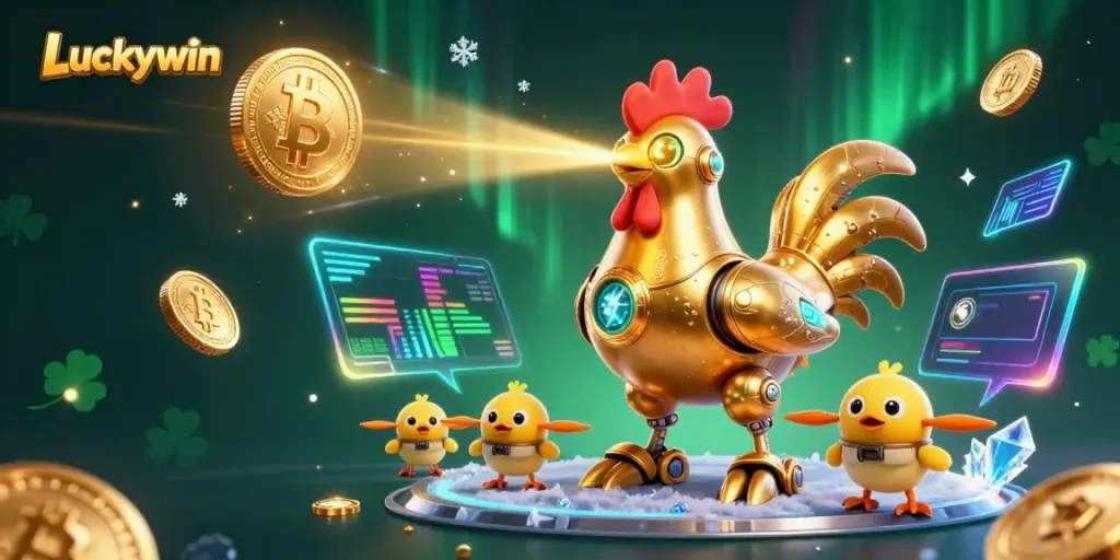 Experience thrilling gaming with Luckywin featuring a golden rooster robot amidst crypto coins.