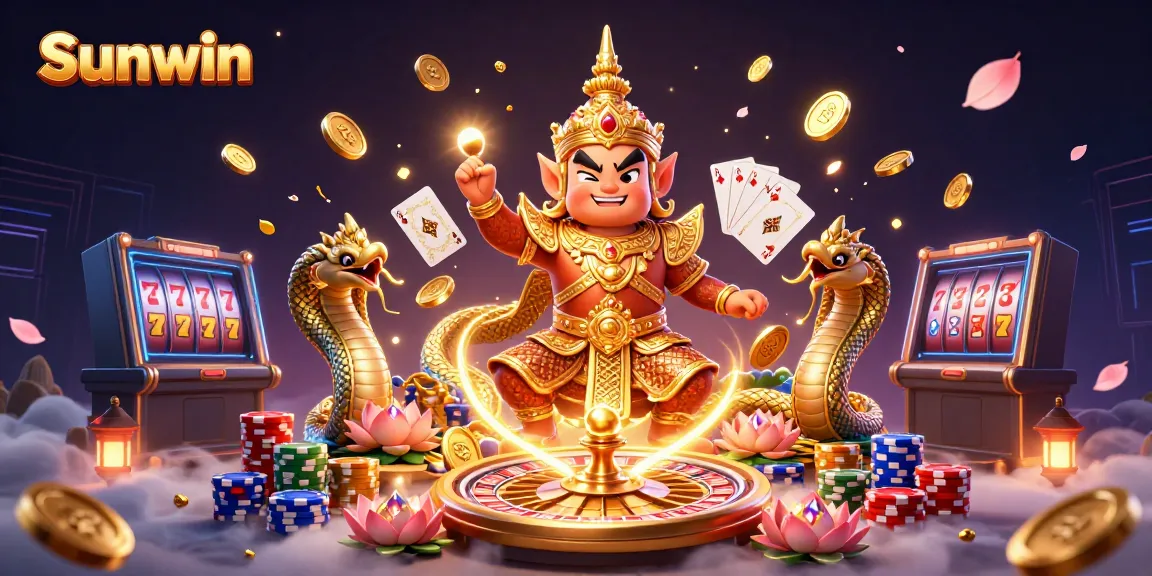 Experience the thrill with Sunwin's dynamic casino scene featuring guardian characters, gaming elements, and vibrant colors.