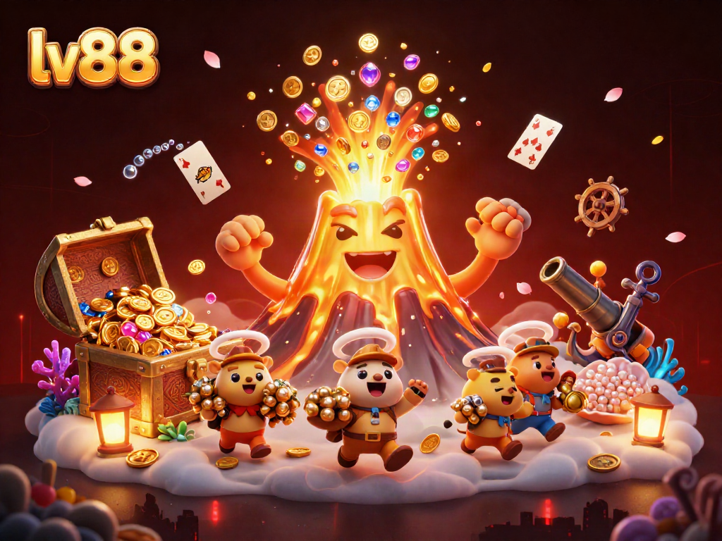 Engage with lv88 gaming excitement as a golden volcano erupts treasures, creating a thrilling casino scene.