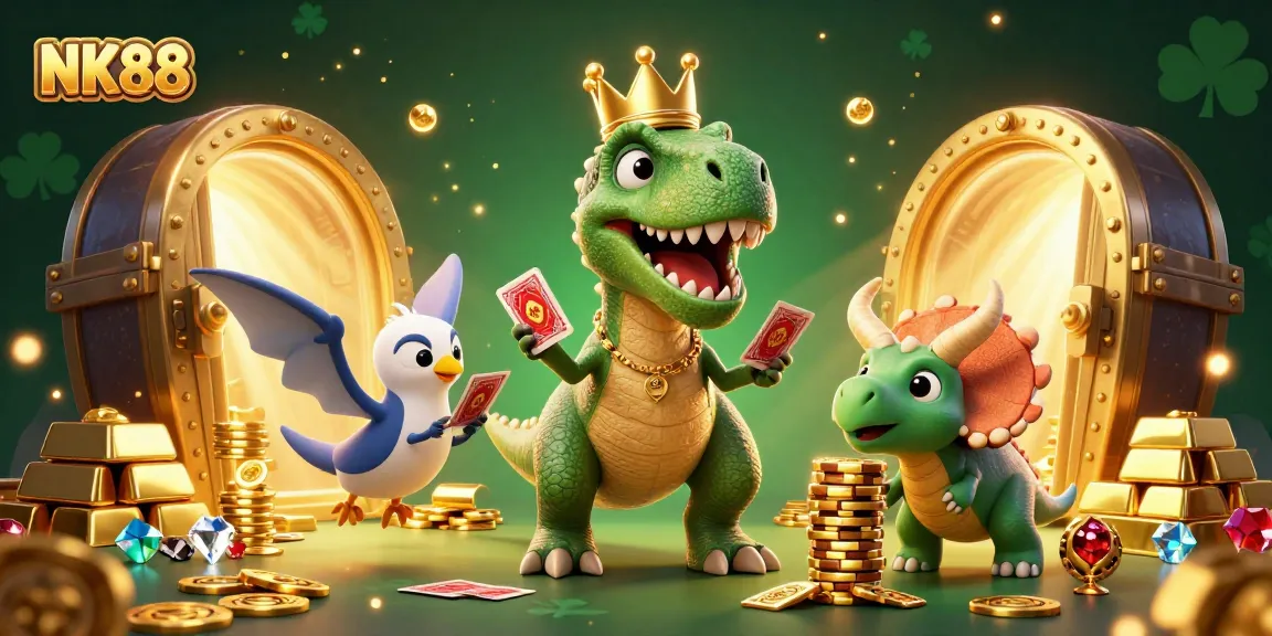 Engage with NK88's vibrant casino adventure featuring characters amidst golden treasures and gaming elements.