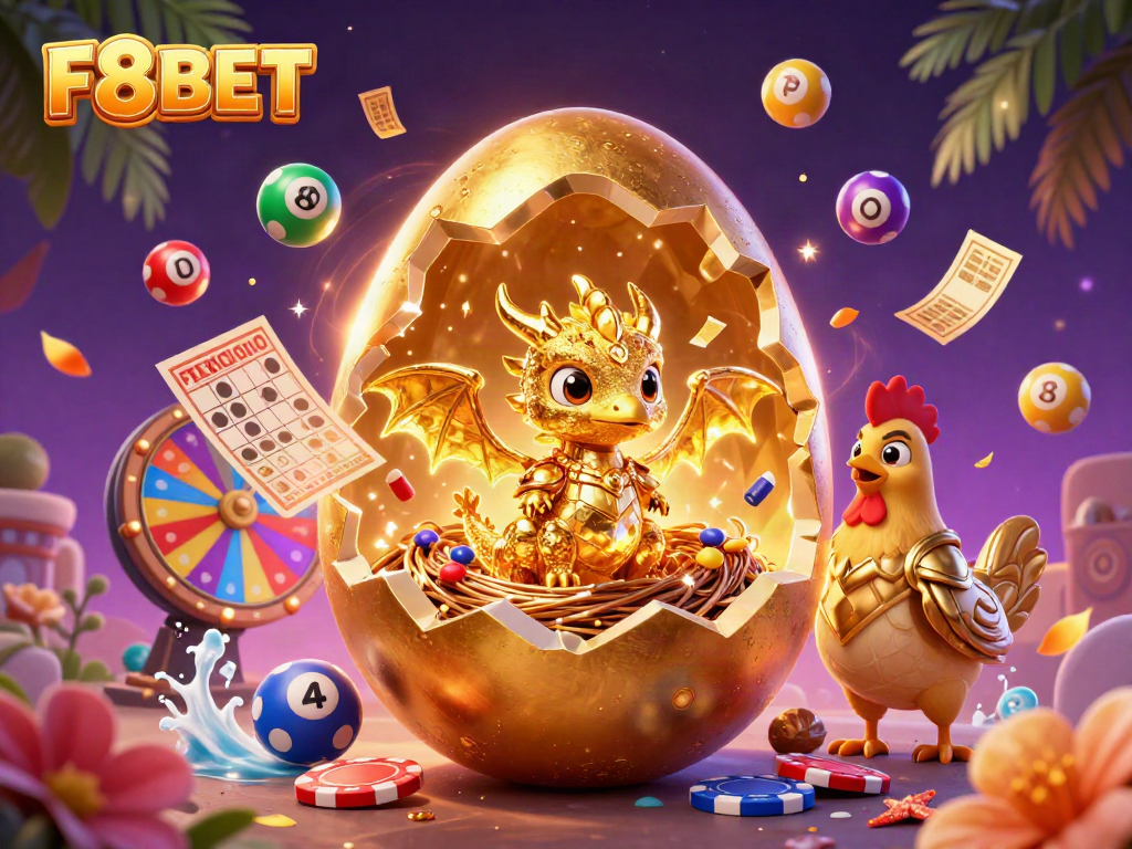 Experience the vibrant energy of F8BET with a sparkling golden dragon and festive lottery elements in this dynamic casino illustration.