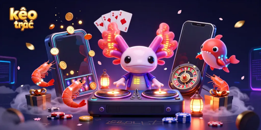 Experience kèo trực tuyến excitement with a neon-colored axolotl DJ spinning at an underwater casino party.