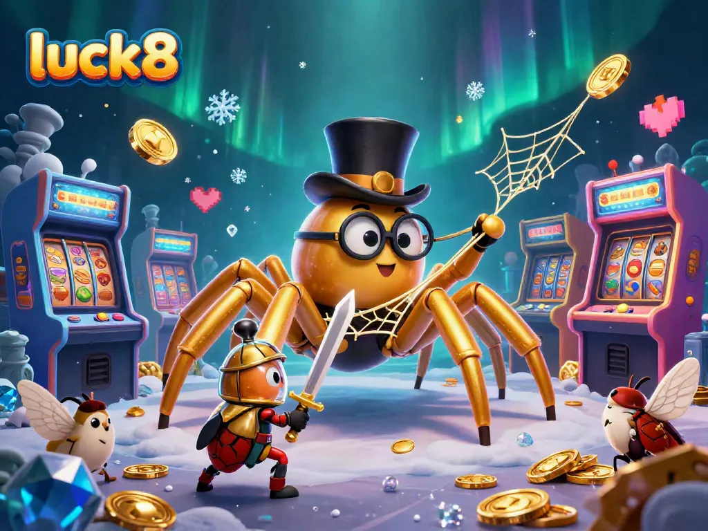 Experience luck8 with a vibrant scene of thrilling casino characters, showcasing lively gaming elements in 3D.