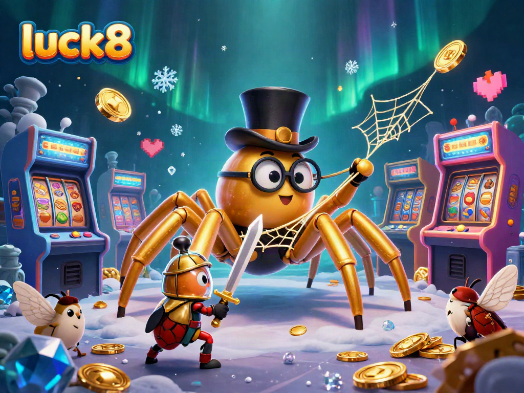 Experience luck8 with a vibrant scene of thrilling casino characters, showcasing lively gaming elements in 3D.
