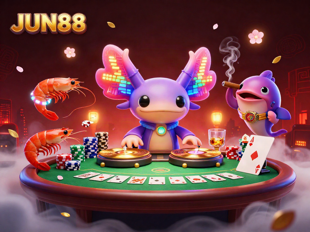 Engaging scene featuring the JUN88 axolotl DJ and animated characters around a vibrant poker table.