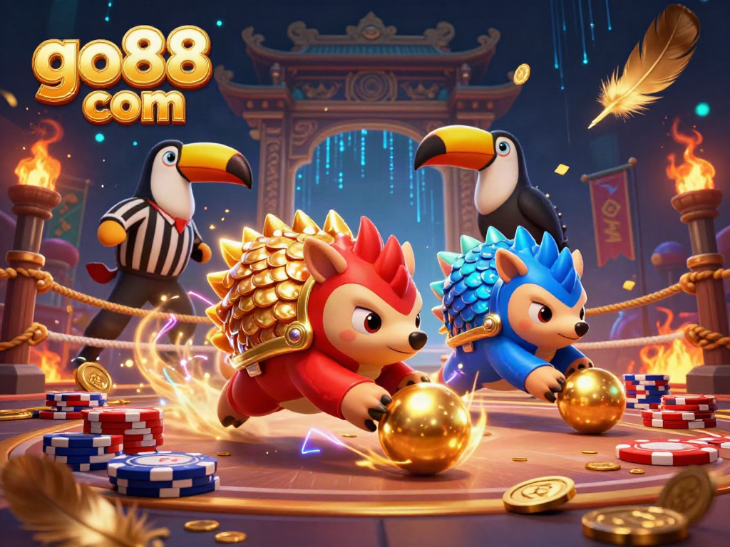 Rival pangolins clash in a colorful casino showdown while showcasing go88 com logo.