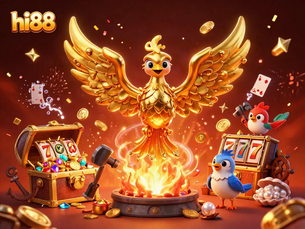 Experience excitement with hi88's vibrant casino scene featuring a golden phoenix and slot reels.