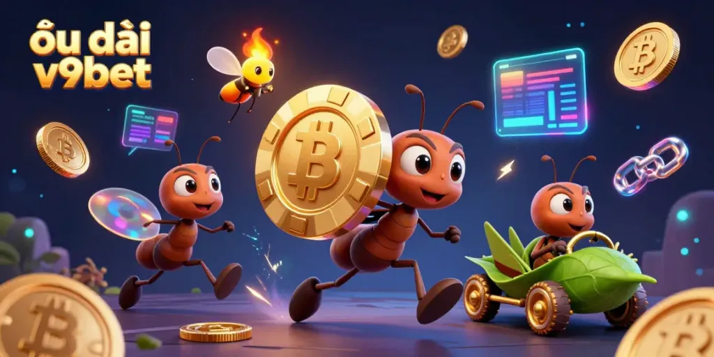 Engage with ưu đãi v9bet as ants carry a massive golden poker chip in a vibrant 3D casino heist.