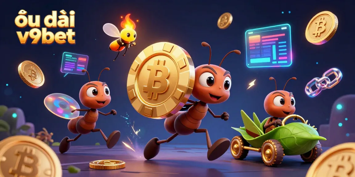 Engage with ưu đãi v9bet as ants carry a massive golden poker chip in a vibrant 3D casino heist.