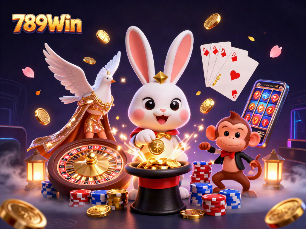 Experience the magic at 789Win with a cartoon magician, coins, and poker chips.