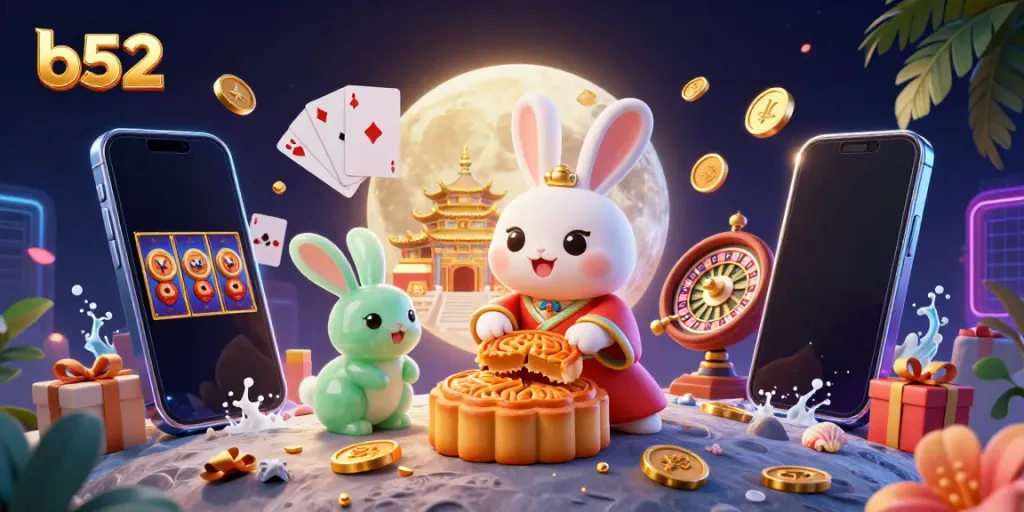 B52 gaming adventure featuring a moon rabbit character with casino elements like poker chips and a roulette wheel.