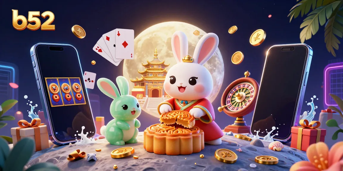 B52 gaming adventure featuring a moon rabbit character with casino elements like poker chips and a roulette wheel.