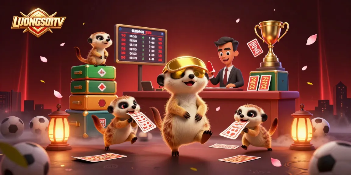 LUONGSONTV meerkats engage in spirited sports betting action amidst colorful betting slips and balls.