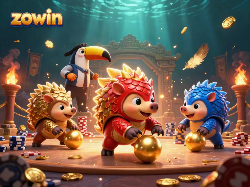 Experience thrilling matchups in the vibrant casino scene with zowin pangolins amidst golden poker chips.