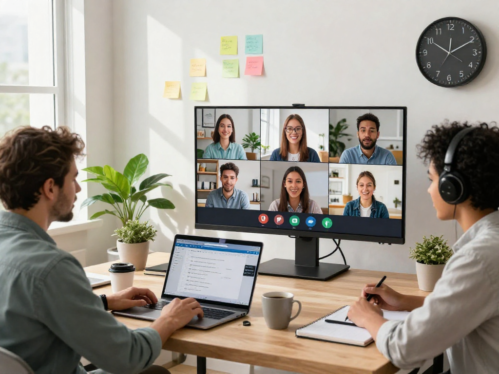 ToDesk application displayed on laptops during a remote work collaboration in a modern home office.