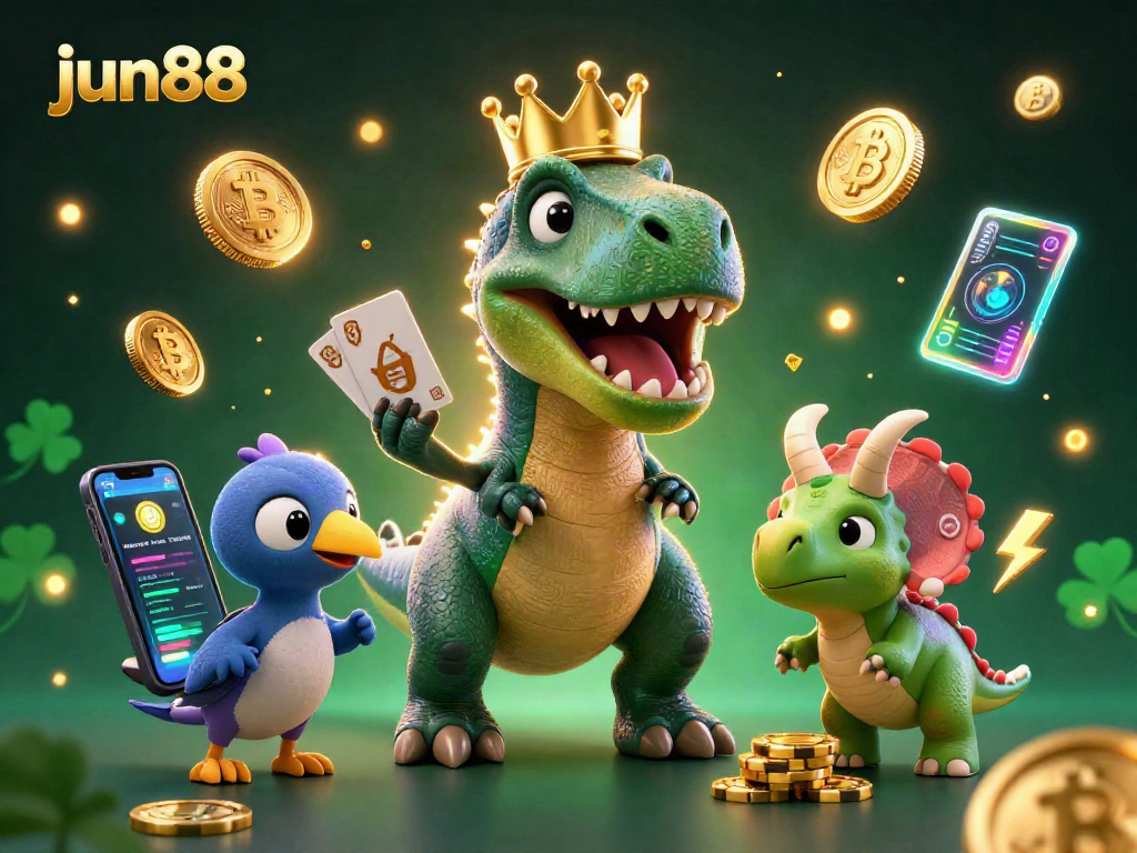Play casino games with jun88, featuring a fun T-Rex and a glimmering backdrop.