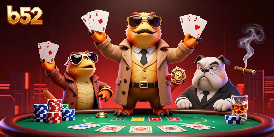 Three raptors in a trench coat enter a casino VIP lounge, illustrating b52's entertainment offer.