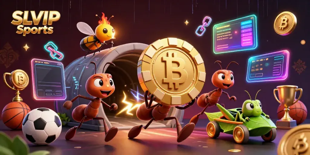 Engage with SLVIP Sports featuring animated ants in a heist for a large poker chip surrounded by sports elements.