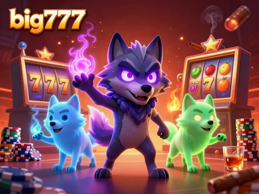 Play the exciting big777 casino slots with vibrant visuals of ghostly wolves and slot machines.