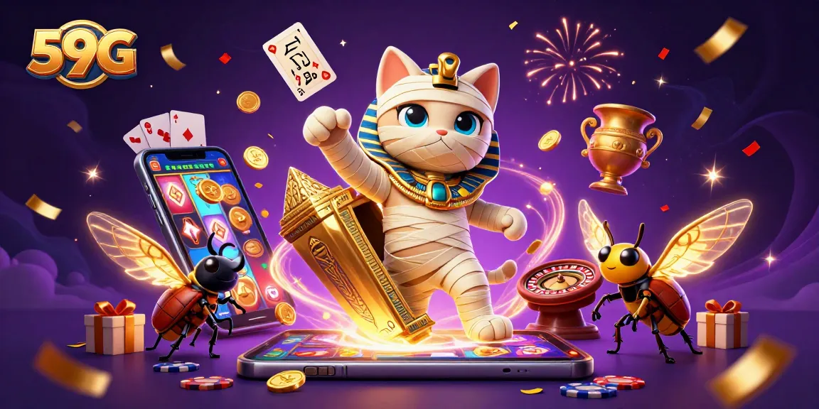 Engage with the vibrant excitement of 59G, featuring a dynamic scene with a mummy cat and gaming elements.