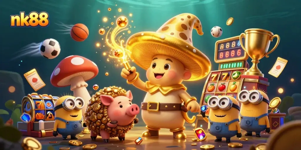 Experience the excitement of nk88 with a magical scene featuring golden treasures and captivating game elements.