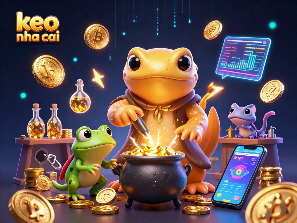Bet on keo nha cai with the magical alchemist and frog preparing golden coins.