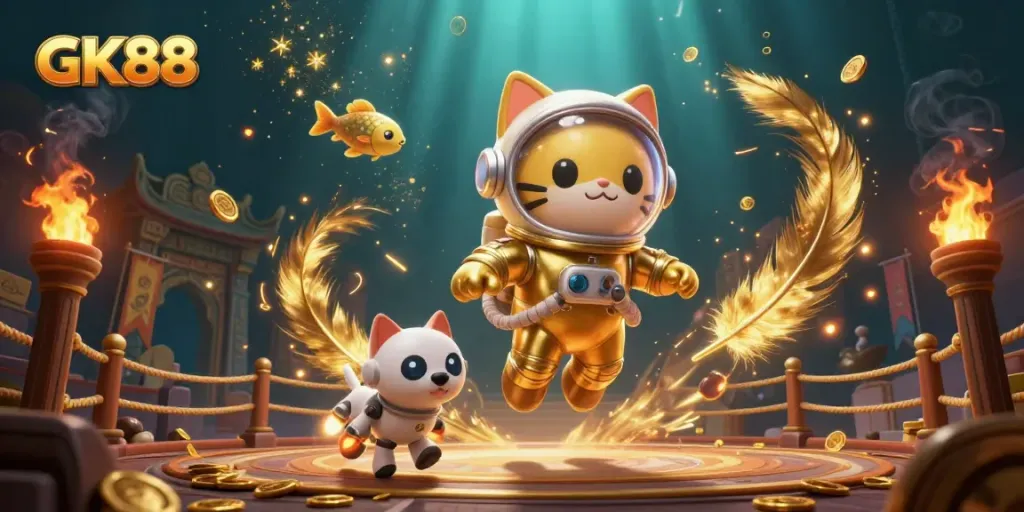 Experience the thrill of GK88 gaming with a vibrant 3D casino scene featuring characters and dazzling elements.