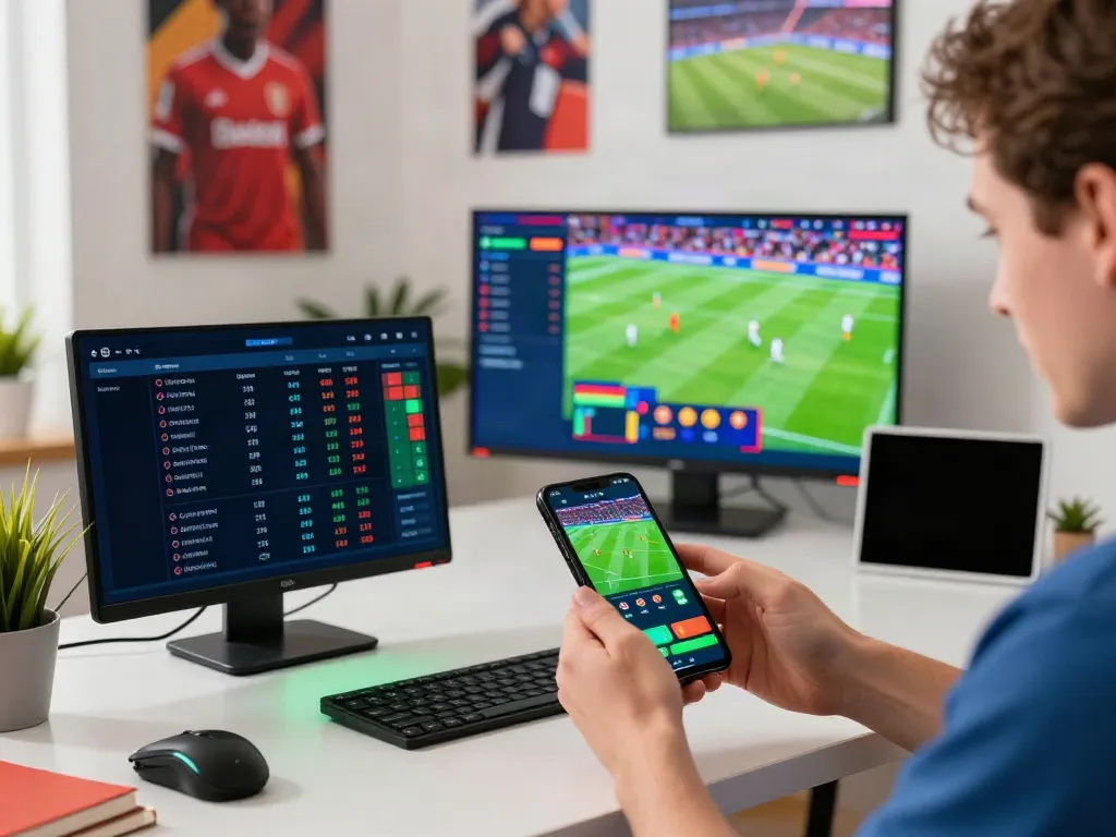 Engaging debet online sports betting scene with a person placing bets.