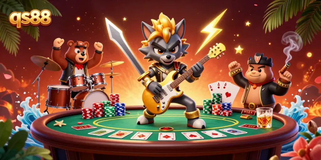 qs88 gambling scene with rock star wolf and drummer bear in a vibrant casino setting