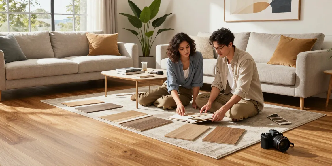 Simple flooring ideas that last with stylish couple selecting laminate vs engineered wood in bright living room.