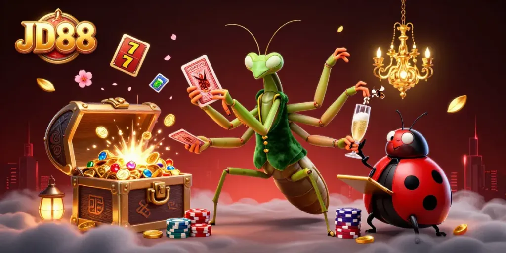 JD88 card sharp and pit boss illustrate an engaging casino scene filled with excitement and winning potential.