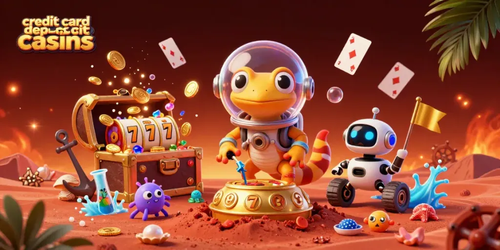 Play exciting games at credit card deposit casinos, featuring a Martian gecko and vibrant casino elements.