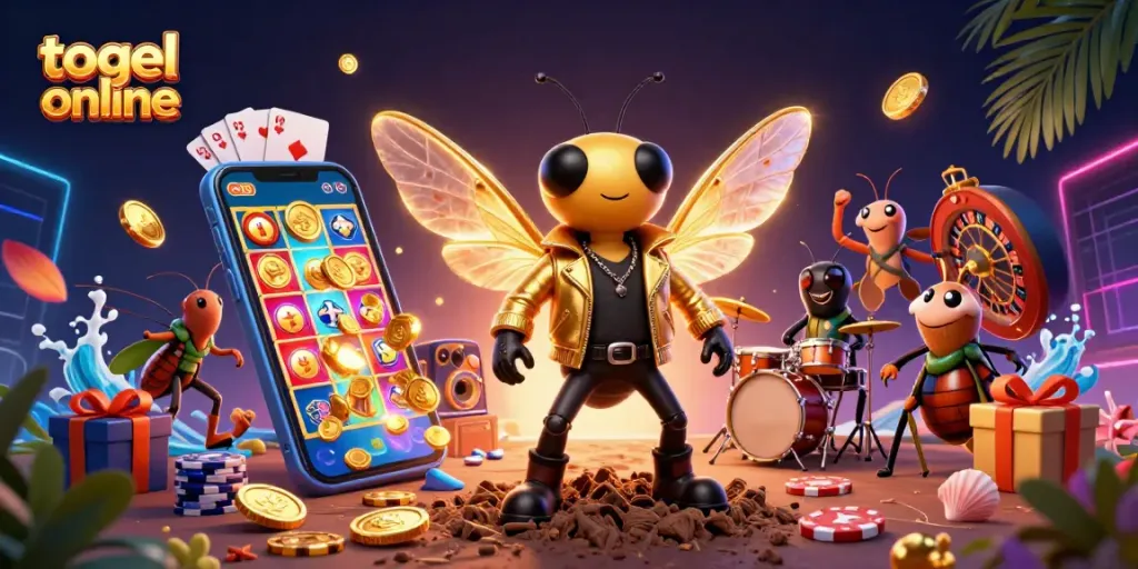 Engaging overview of togel online with cartoon characters surrounded by vibrant casino game elements.