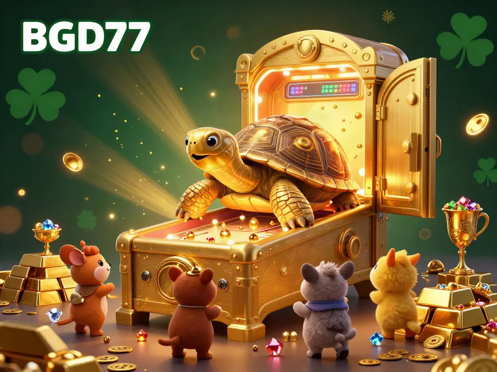 Experience excitement with BGD77 in an immersive golden casino setting, complete with vibrant jewels and lively characters.