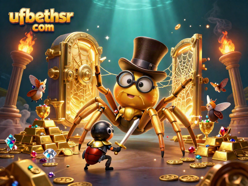 Play at ufabethsr com with an exciting casino-themed illustration showcasing vibrant characters and treasures.