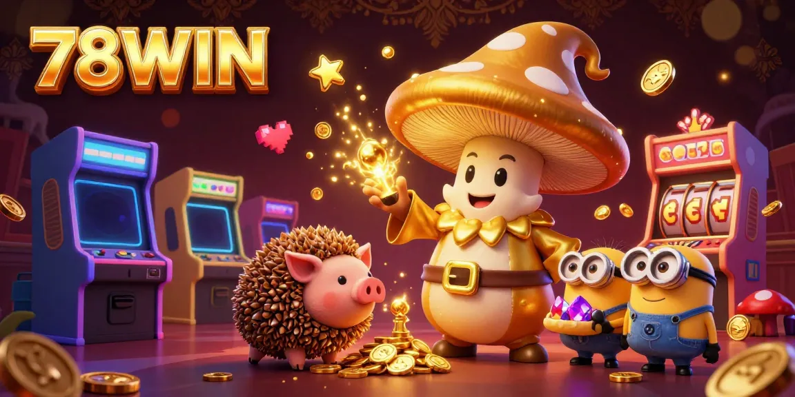 Experience the enchanting world of 78WIN with a whimsical, golden mushroom wizard casting spells in a rich casino environment.