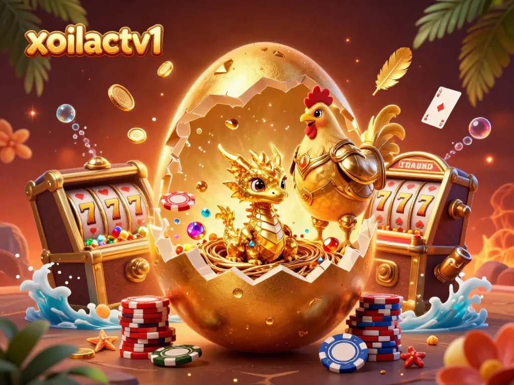 Experience the vibrant xoilactv1 casino scene with a golden dragon amidst poker chips and slot reels.