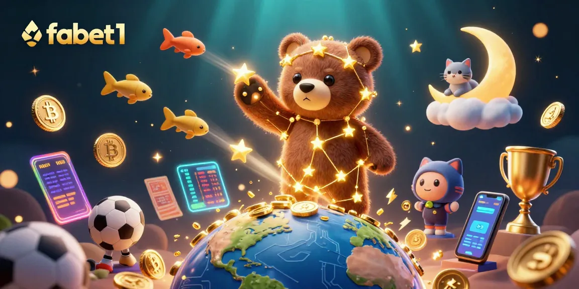 Unleash your winning potential with fabet1 as a constellation bear gathers coins in a vibrant sports betting scene.