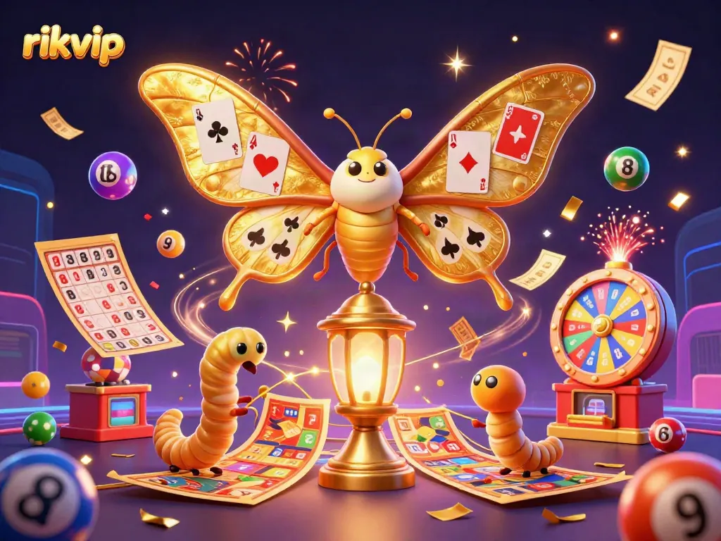 Play games at rikvip with a vivid illustration of a moth, lottery elements, and festive confetti.