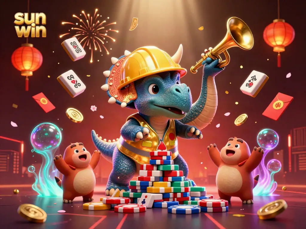 Savor the thrill of gaming with sun win, showcasing a festive casino scene bursting with vibrant characters and rich details.