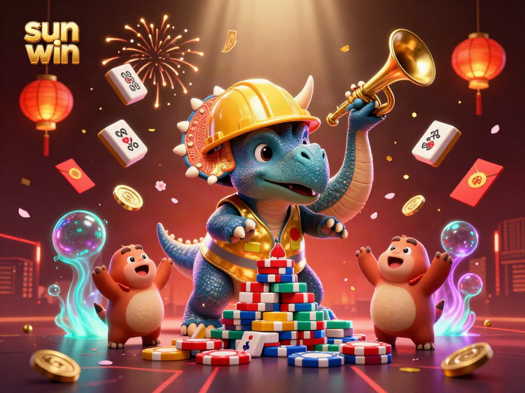 Savor the thrill of gaming with sun win, showcasing a festive casino scene bursting with vibrant characters and rich details.