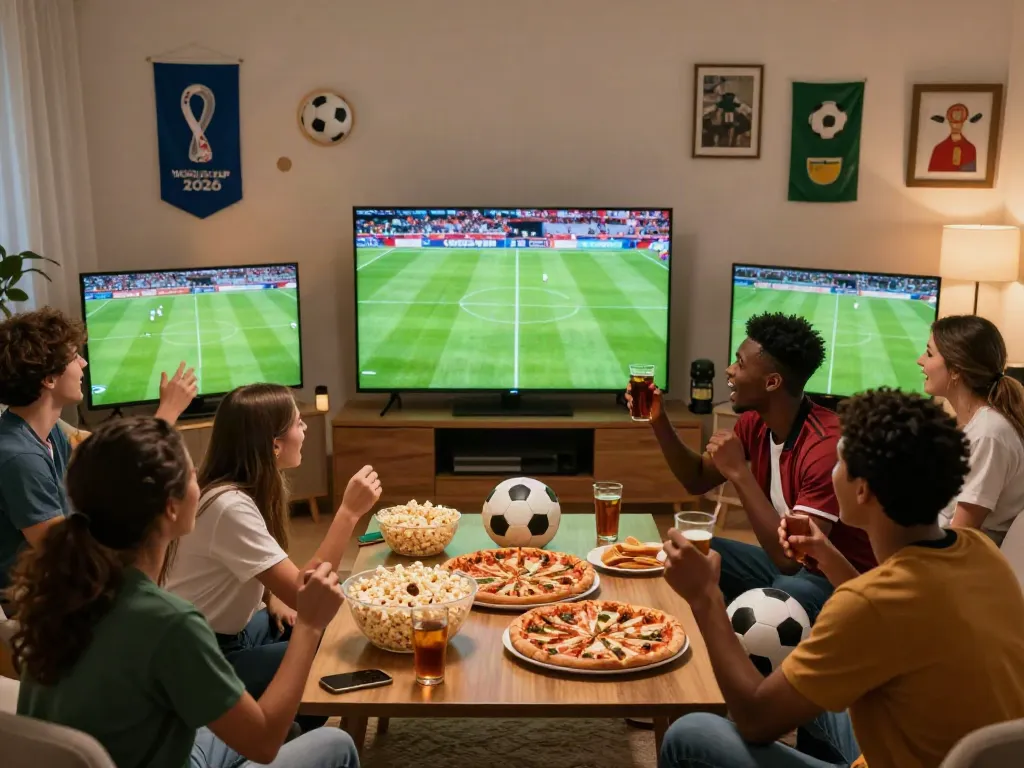 Football fans watching a live match on Xoilactv in a lively viewing party setting.