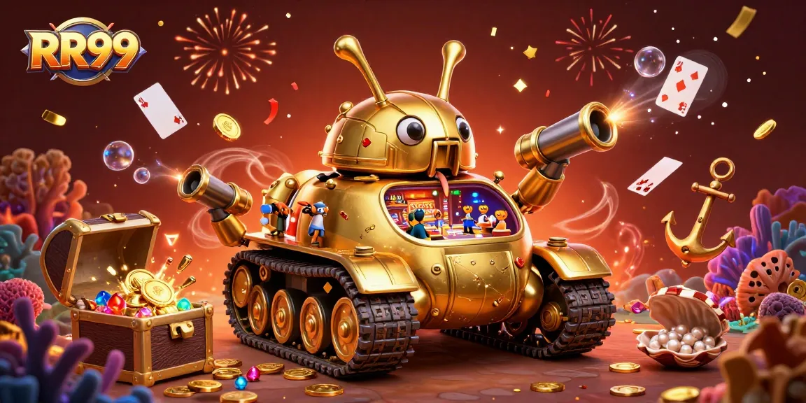 Experience the thrilling RR99 casino in action with cannon confetti, gold coins, and playful gaming elements.