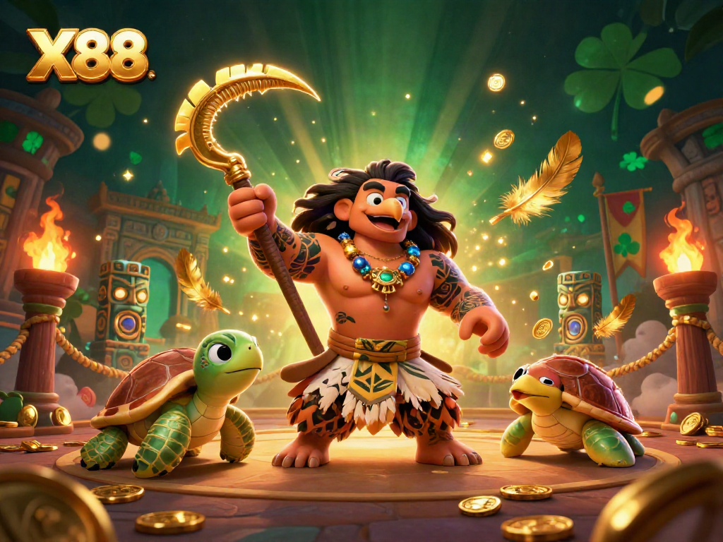 X88 casino scene featuring a demigod hawk and turtle with glowing tiki statues