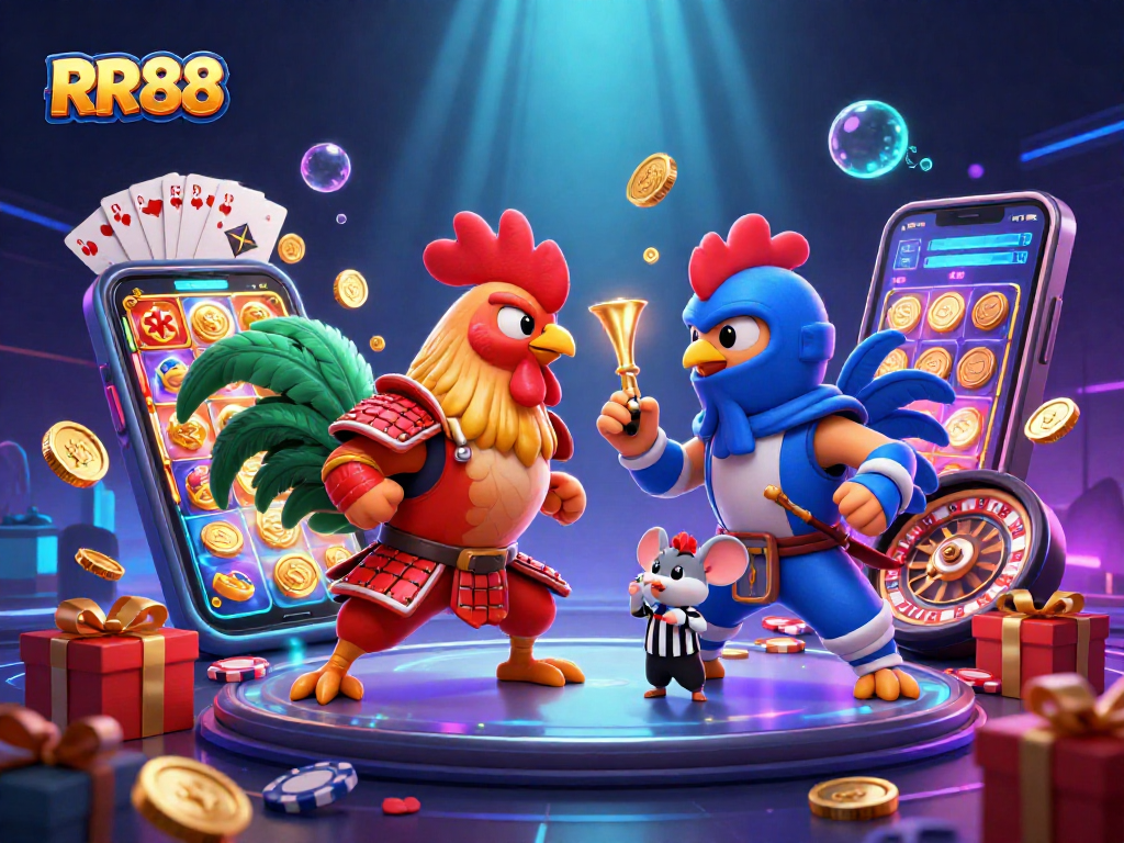Engage in thrilling battles with RR88's vibrant 3D cockfight scene featuring dynamic gaming elements.
