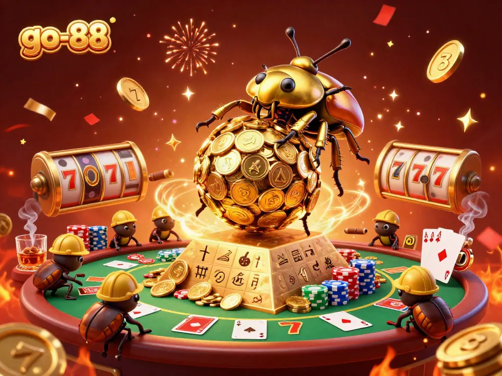 Winning at go-88 with vibrant casino themes featuring a golden dung beetle rolling coins.