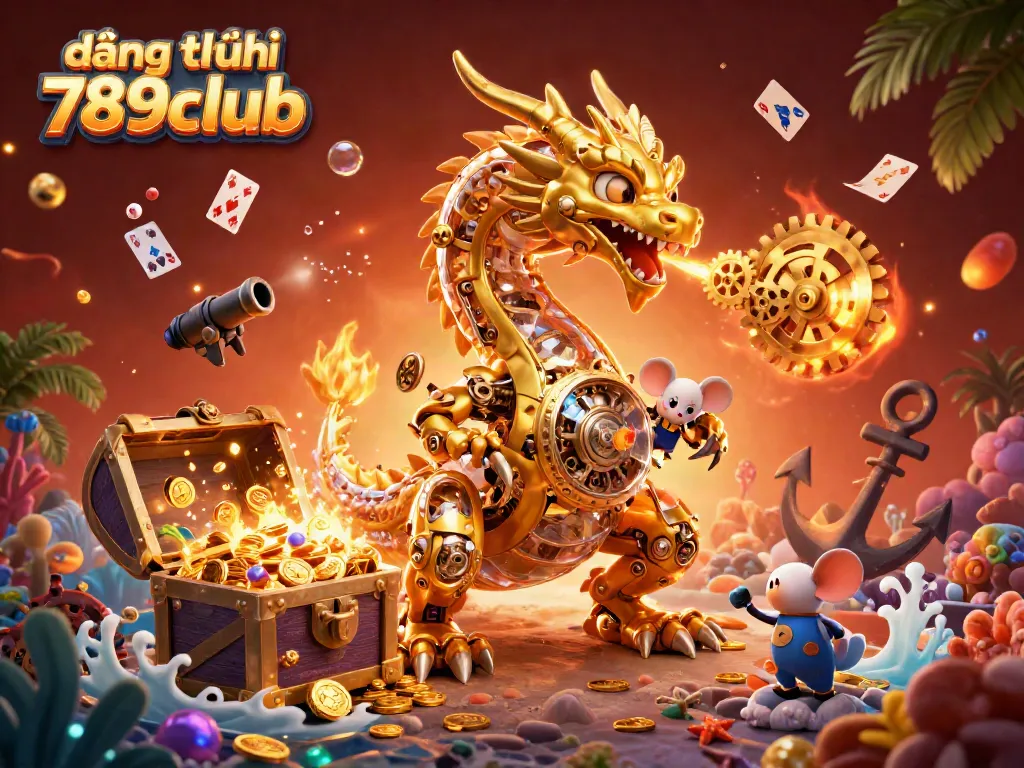 Engage with đăng ký 789club through a vibrant 3D illustration showcasing a golden dragon and colorful treasures.