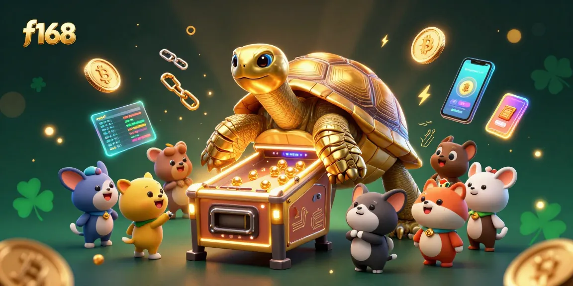 Experience thrilling gameplay at f168 with golden digital tortoise and crypto elements lighting up the scene.